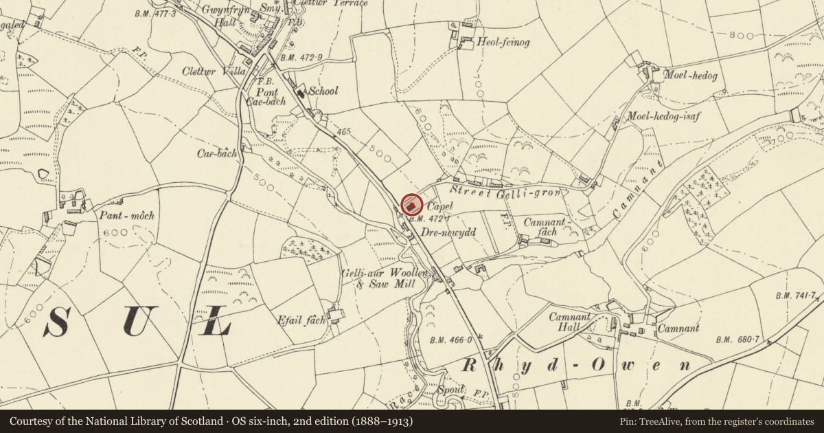 Ordnance Survey six-inch map, 2nd edition (1888–1913) covering the location of Capel Llwynrhydowen (New Chapel), Llandysul, Ceredigion, with a pin at the register's coordinates
