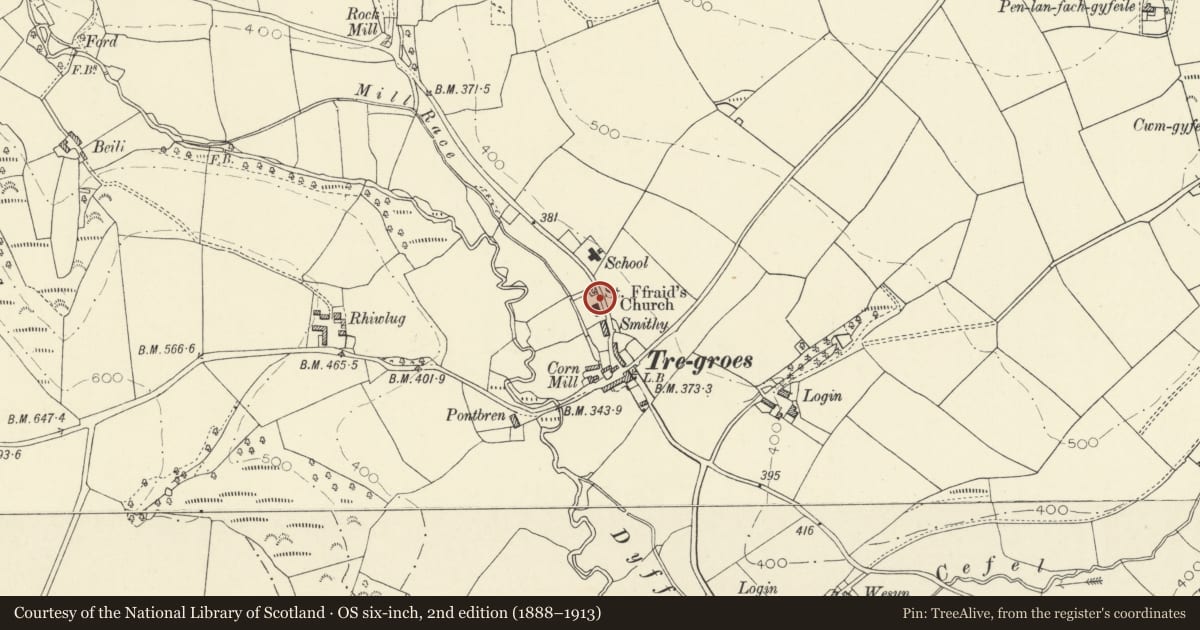 Ordnance Survey six-inch map, 2nd edition (1888–1913) covering the location of Lychgate to Churchyard of Church of St Ffraid, Llandysul, Ceredigion, with a pin at the register's coordinates