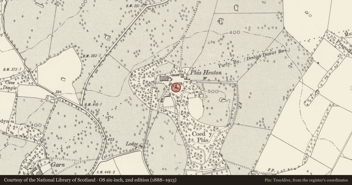 Ordnance Survey six-inch map, 2nd edition (1888–1913) covering the location of C-shaped Agricultural Complex at Plas Heaton, Henllan, Denbighshire, with a pin at the register's coordinates