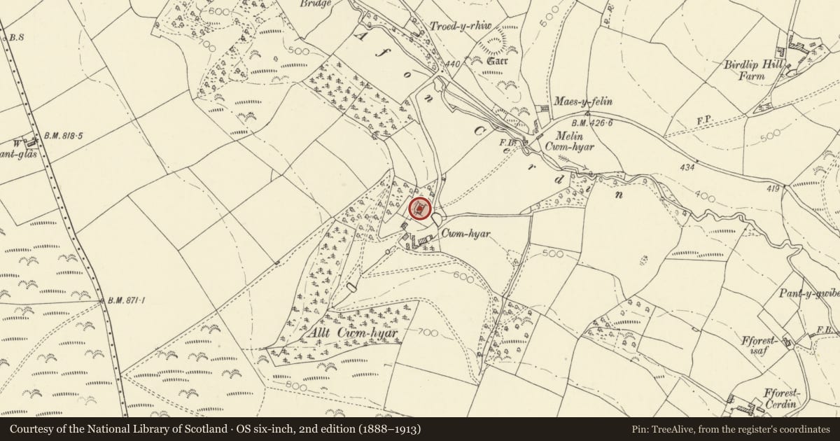 Ordnance Survey six-inch map, 2nd edition (1888–1913) covering the location of Cwm Hyar including Forecourt Wall & Gatepiers, Llandysul, Ceredigion, with a pin at the register's coordinates