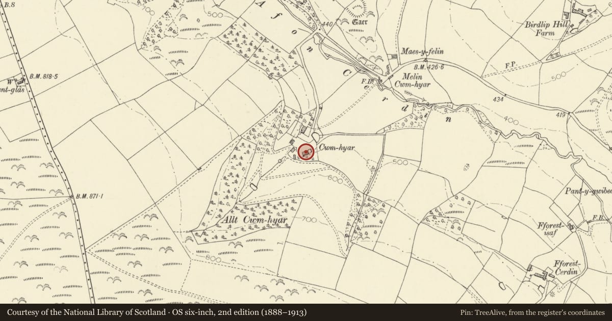 Ordnance Survey six-inch map, 2nd edition (1888–1913) covering the location of Outbuilding on E side of farmyard at Cwm Hyar, Llandysul, Ceredigion, with a pin at the register's coordinates