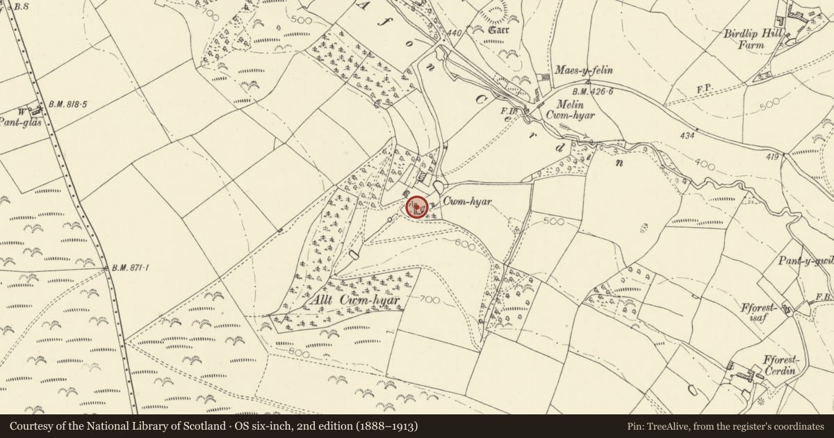 Ordnance Survey six-inch map, 2nd edition (1888–1913) covering the location of Outbuilding on W side of Farmyard at Cwm Hyar, Llandysul, Ceredigion, with a pin at the register's coordinates
