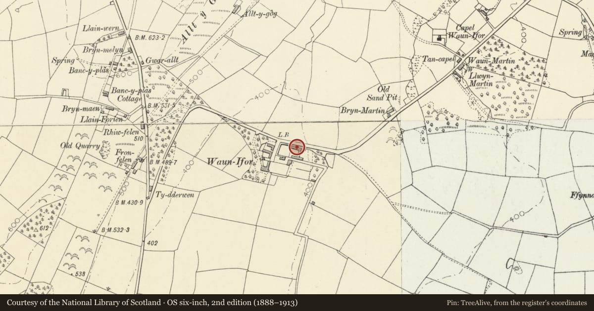 Ordnance Survey six-inch map, 2nd edition (1888–1913) covering the location of 3 Range FarmCourt at Waunifor Farm, Llandysul, Ceredigion, with a pin at the register's coordinates