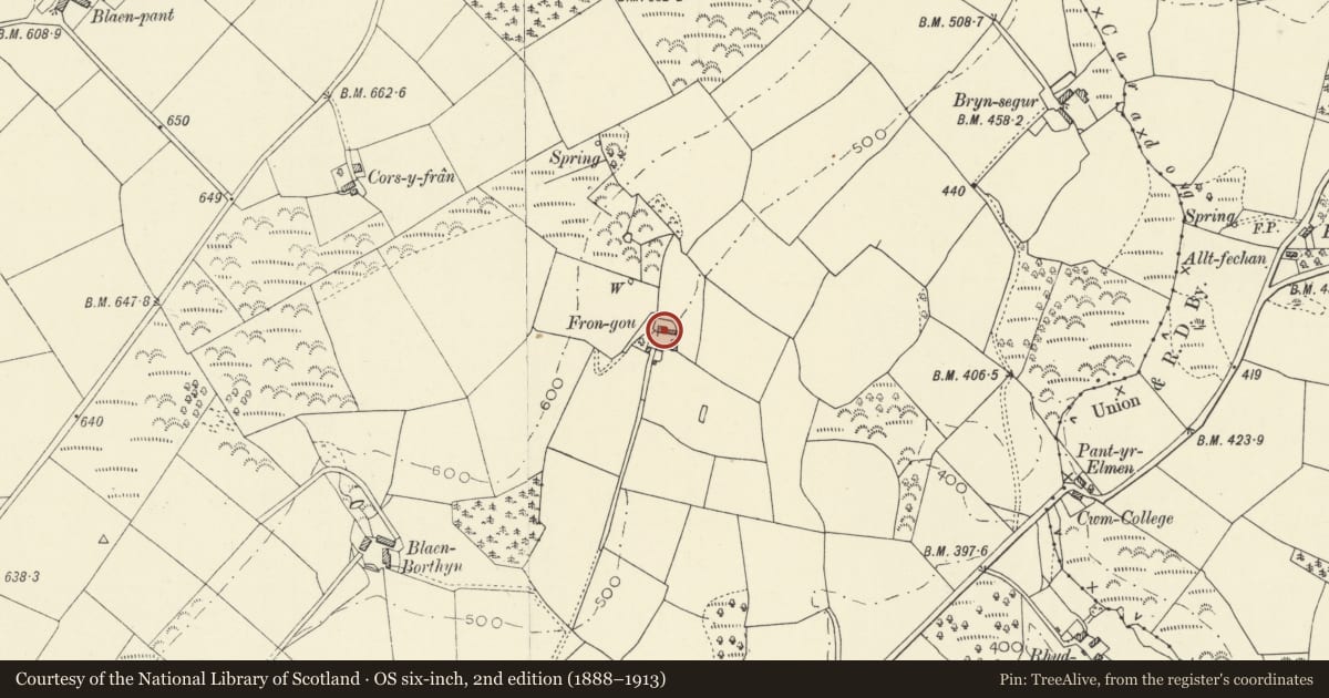 Ordnance Survey six-inch map, 2nd edition (1888–1913) covering the location of Frongoy Farmhouse, Llandysul, Ceredigion, with a pin at the register's coordinates