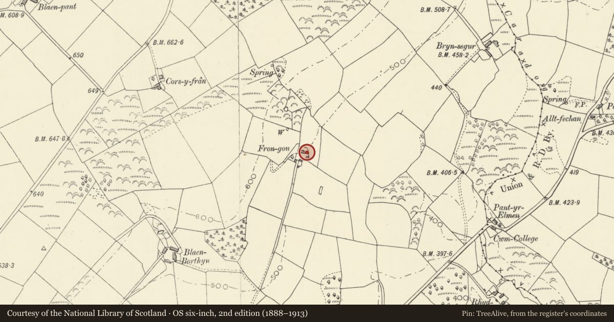 Ordnance Survey six-inch map, 2nd edition (1888–1913) covering the location of Barn at Frongoy Farm, Llandysul, Ceredigion, with a pin at the register's coordinates