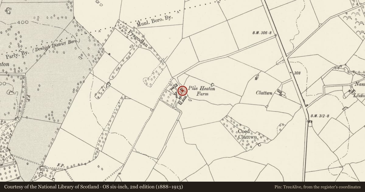 Ordnance Survey six-inch map, 2nd edition (1888–1913) covering the location of Secondary House at Plas Heaton Farm, Denbigh, Denbighshire, with a pin at the register's coordinates