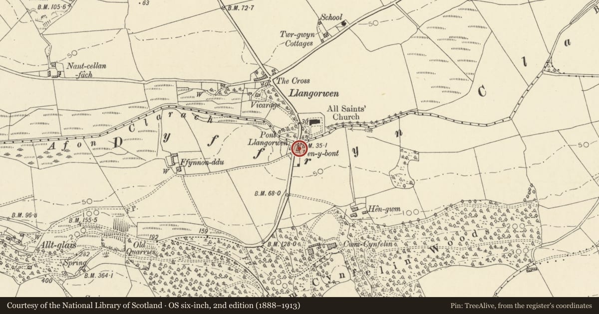 Ordnance Survey six-inch map, 2nd edition (1888–1913) covering the location of Llangorwen Cottage, Tirymynach, Ceredigion, with a pin at the register's coordinates