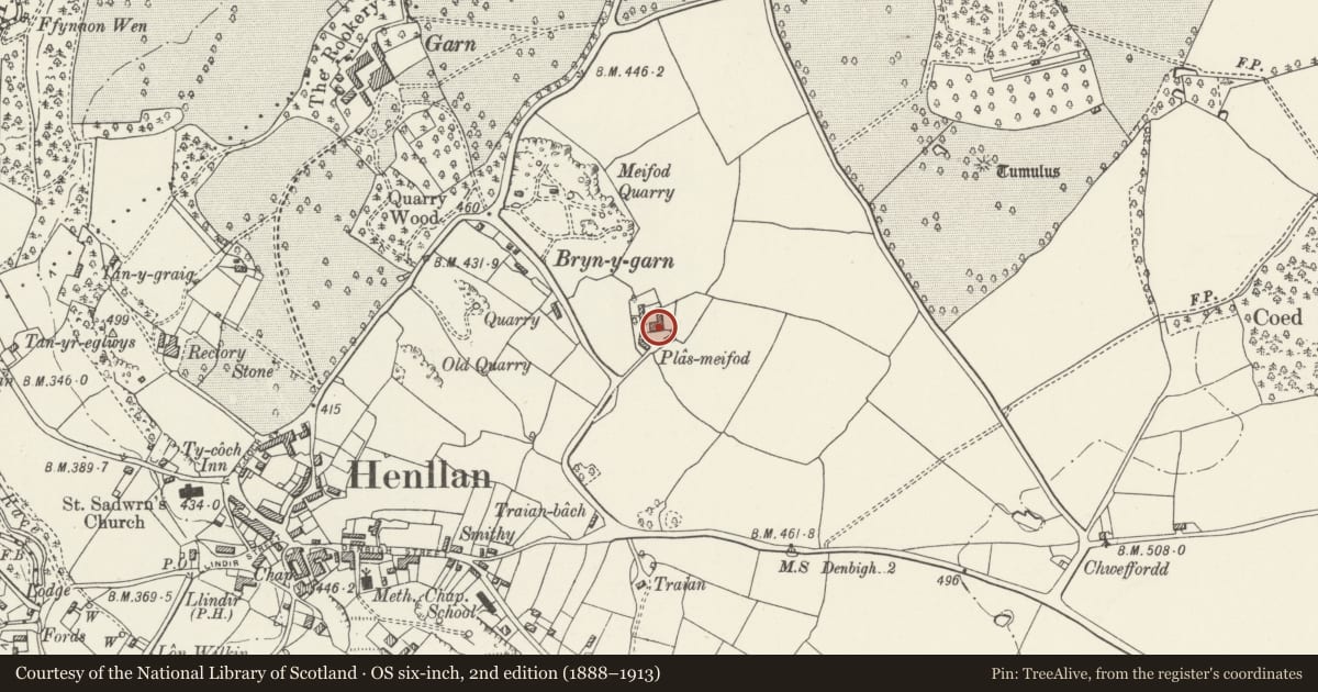 Ordnance Survey six-inch map, 2nd edition (1888–1913) covering the location of Plas Meifod, Henllan, Denbighshire, with a pin at the register's coordinates