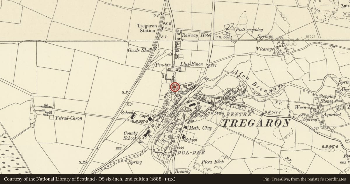 Ordnance Survey six-inch map, 2nd edition (1888–1913) covering the location of Trefelin, Tregaron, Ceredigion, with a pin at the register's coordinates