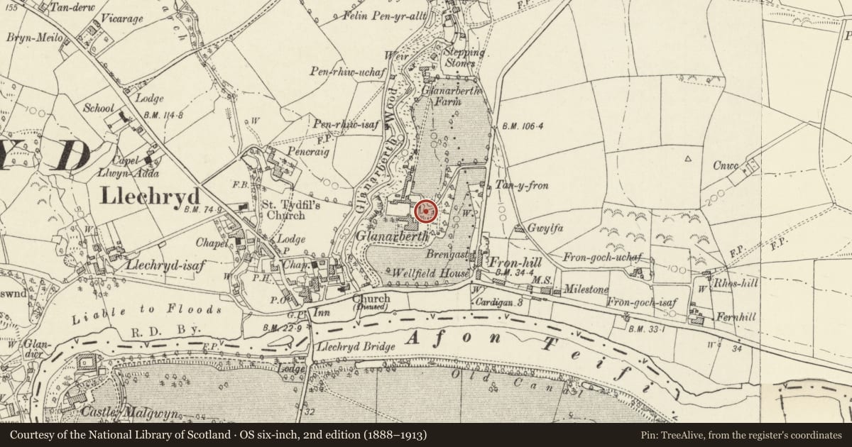 Ordnance Survey six-inch map, 2nd edition (1888–1913) covering the location of Gatepiers and Gates to E of Stable Cottage Glanarberth, Llangoedmor, Ceredigion, with a pin at the register's coordinates