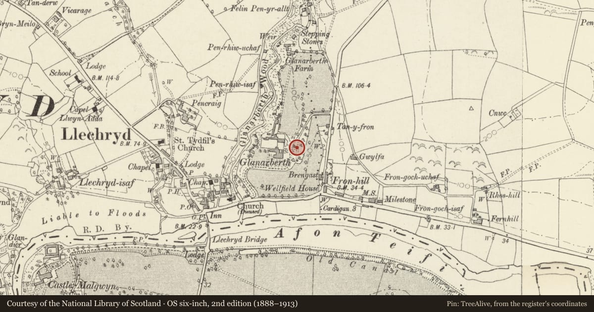 Ordnance Survey six-inch map, 2nd edition (1888–1913) covering the location of Tower E of Stable Cottage Glanarbeth, Llangoedmor, Ceredigion, with a pin at the register's coordinates