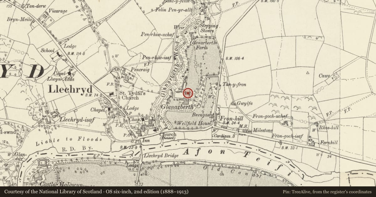Ordnance Survey six-inch map, 2nd edition (1888–1913) covering the location of Stable cottage at Glanarbeth including attached range to NW, Llangoedmor, Ceredigion, with a pin at the register's coordinates