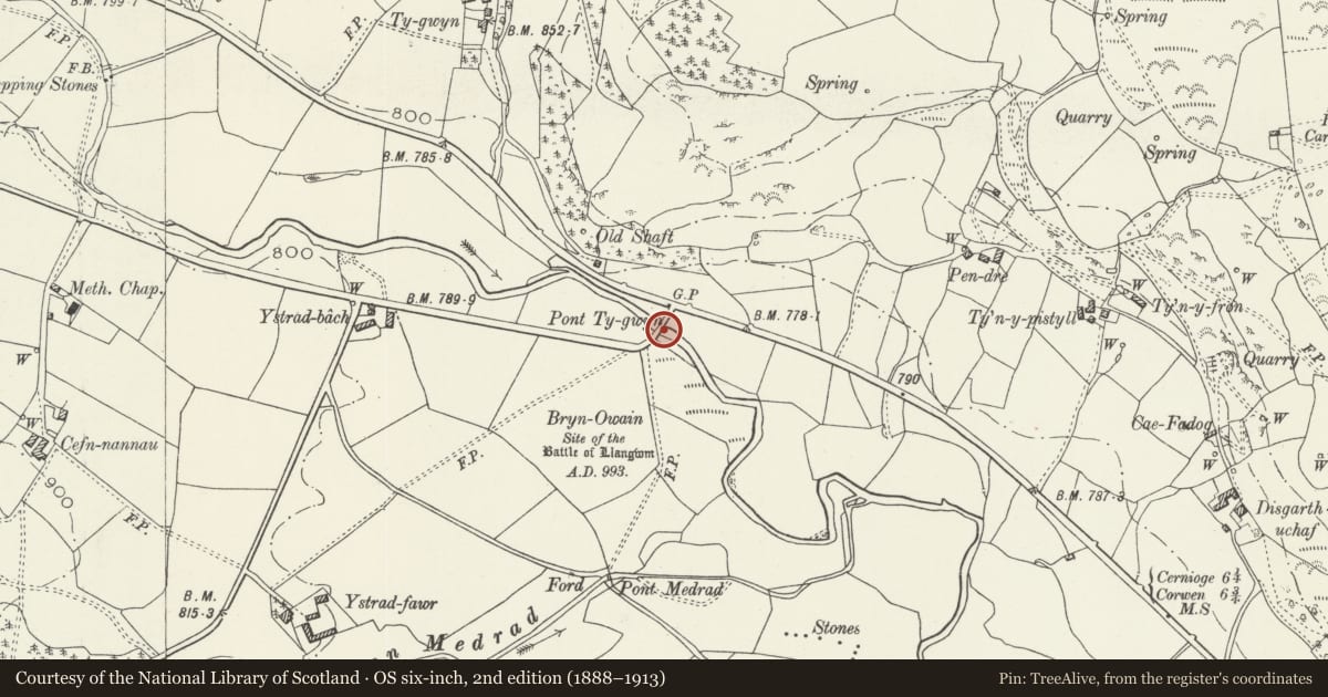 Ordnance Survey six-inch map, 2nd edition (1888–1913) covering the location of Pont Ty-gwyn, Llangwm, Conwy, with a pin at the register's coordinates