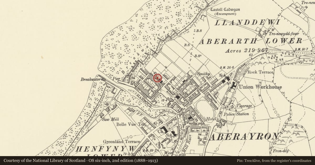 Ordnance Survey six-inch map, 2nd edition (1888–1913) covering the location of 19-20 Tabernacle, Aberaeron, Ceredigion, with a pin at the register's coordinates