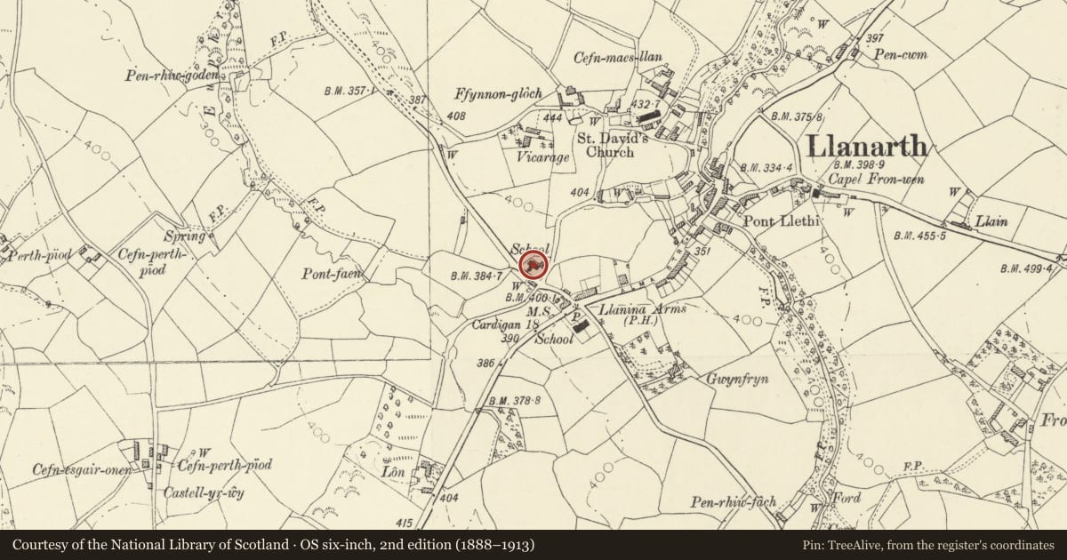 Ordnance Survey six-inch map, 2nd edition (1888–1913) covering the location of Former National School, Llanarth, Ceredigion, with a pin at the register's coordinates