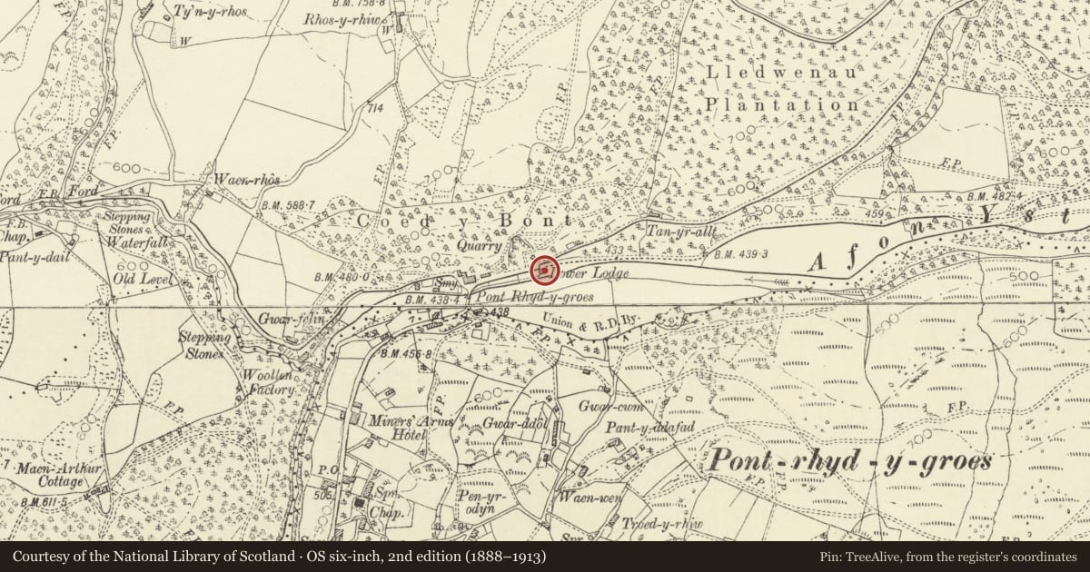 Ordnance Survey six-inch map, 2nd edition (1888–1913) covering the location of Hafod Lower Lodge, Ysbyty Ystwyth, Ceredigion, with a pin at the register's coordinates