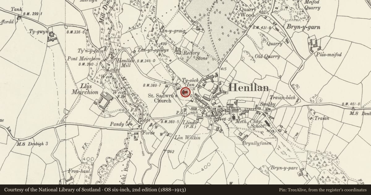 Ordnance Survey six-inch map, 2nd edition (1888–1913) covering the location of Parish Church of St Sadwrn including adjacent Cross Shaft, Henllan, Denbighshire, with a pin at the register's coordinates