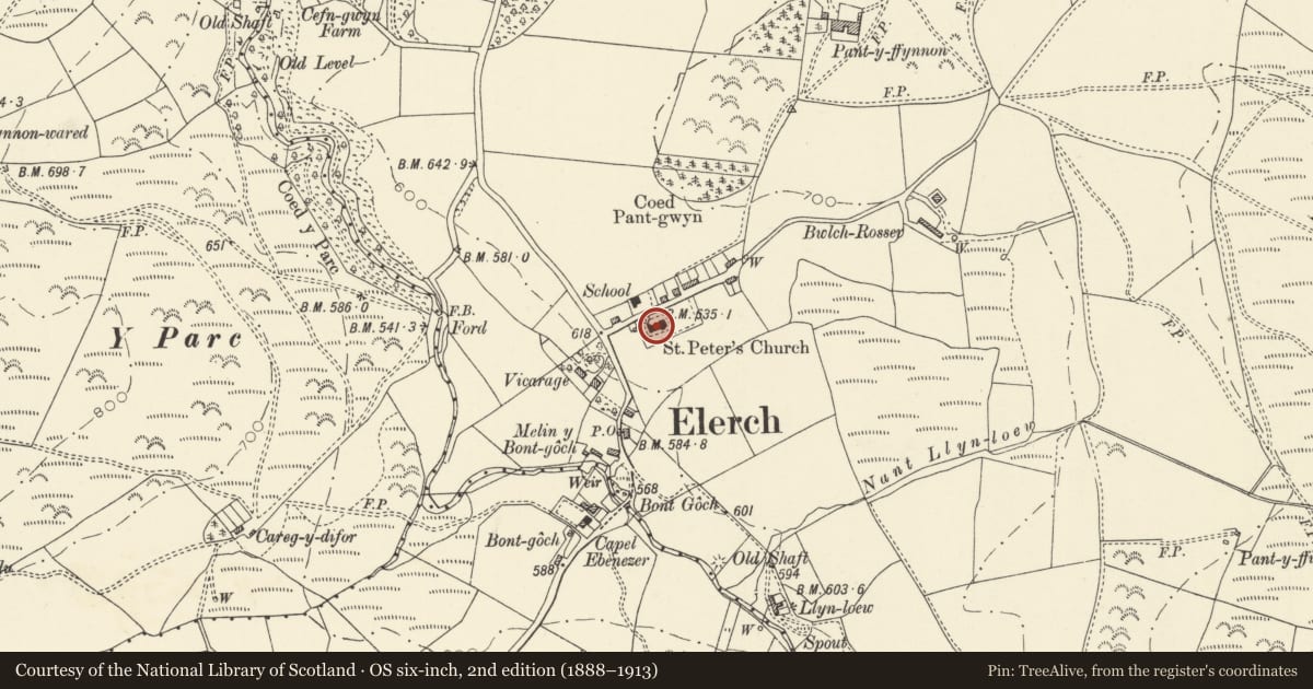 Ordnance Survey six-inch map, 2nd edition (1888–1913) covering the location of Church of St Peter, Ceulanamaesmawr, Ceredigion, with a pin at the register's coordinates
