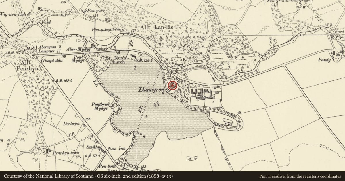 Ordnance Survey six-inch map, 2nd edition (1888–1913) covering the location of Llanerchaeron, including rear Service Courtyard Ranges (previously listed as Llanaeron House), Ciliau Aeron, Ceredigion, with a pin at the register's coordinates