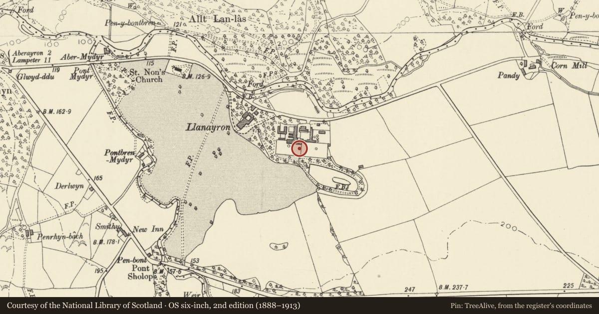Ordnance Survey six-inch map, 2nd edition (1888–1913) covering the location of Rectangular Walled garden and attached Outbuildings at Llanerchaeron, Ciliau Aeron, Ceredigion, with a pin at the register's coordinates