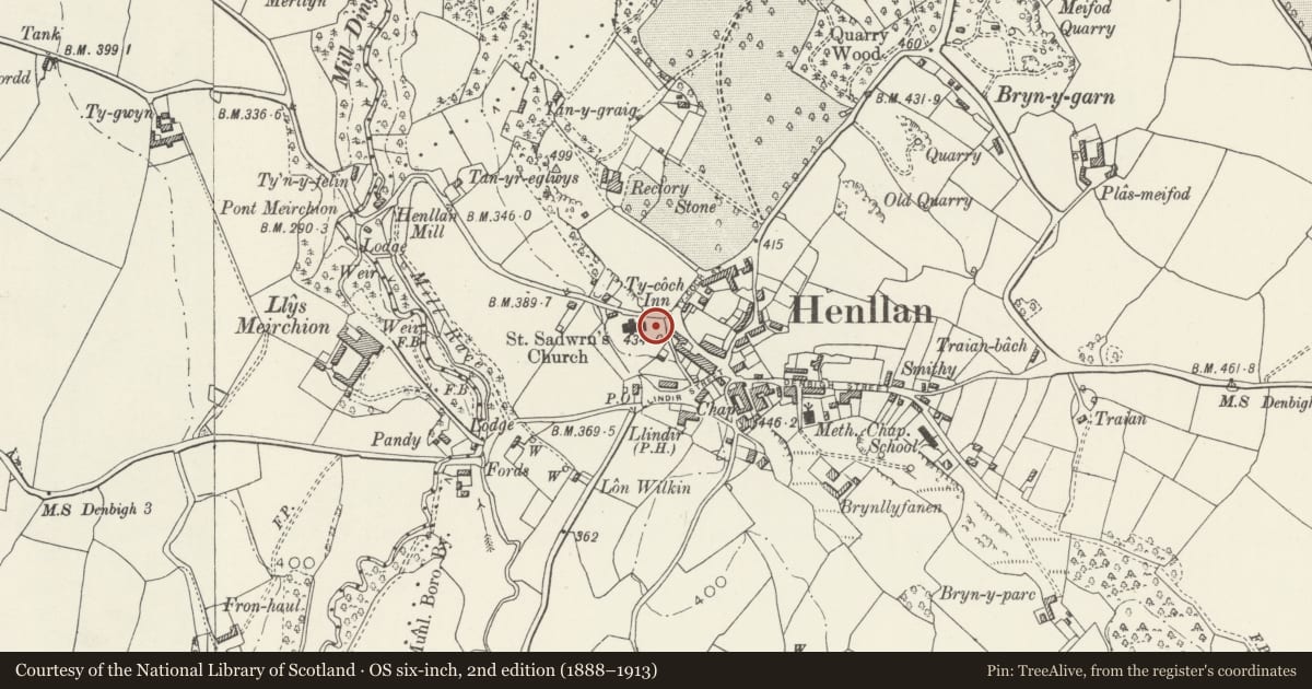 Ordnance Survey six-inch map, 2nd edition (1888–1913) covering the location of Group of Four Mausolea at the Church of St Sadwrn, Henllan, Denbighshire, with a pin at the register's coordinates