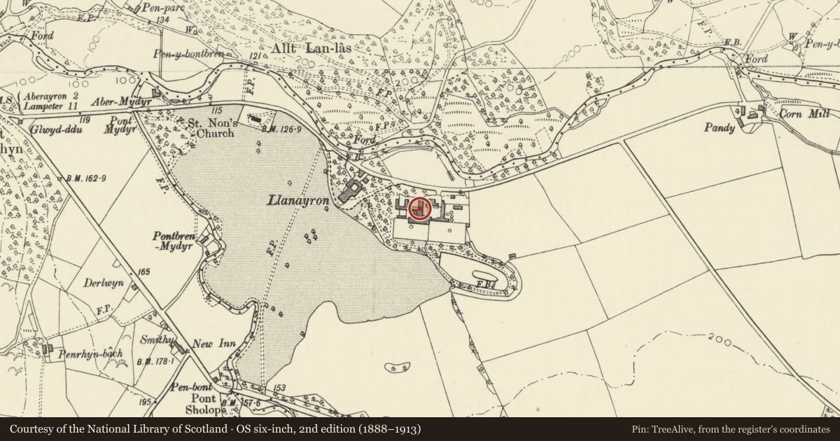 Ordnance Survey six-inch map, 2nd edition (1888–1913) covering the location of Home Farm House, Ciliau Aeron, Ceredigion, with a pin at the register's coordinates