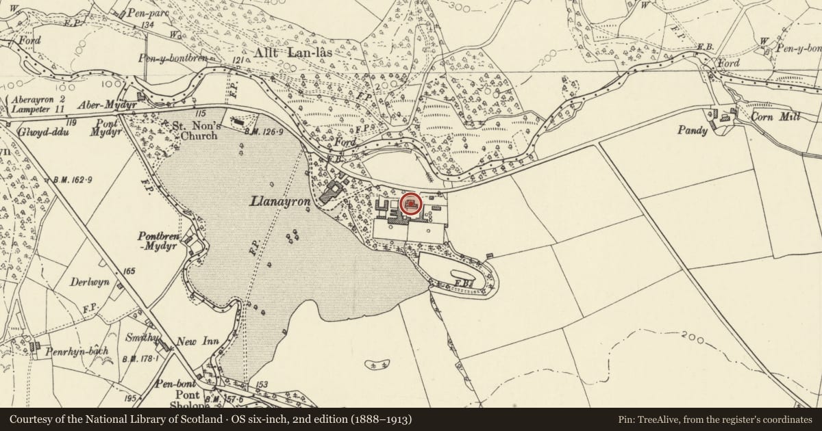 Ordnance Survey six-inch map, 2nd edition (1888–1913) covering the location of Former Kennels at Llanerchaeron (previously listed as sited at Llanaeron Home Farm), Ciliau Aeron, Ceredigion, with a pin at the register's coordinates