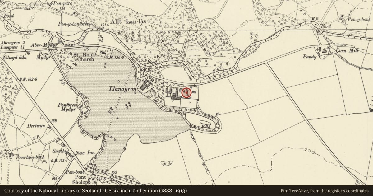 Ordnance Survey six-inch map, 2nd edition (1888–1913) covering the location of Barn at Llanerchaeron (Previously lised as sited at Llanaeron Home Farm), Ciliau Aeron, Ceredigion, with a pin at the register's coordinates