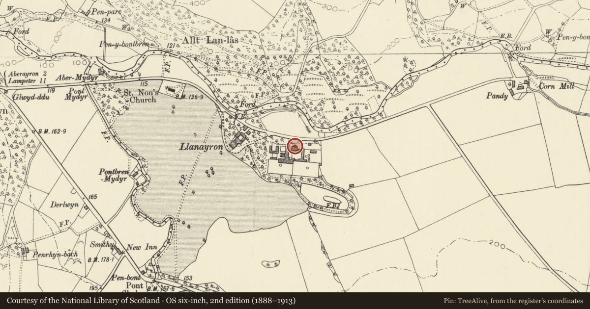 Ordnance Survey six-inch map, 2nd edition (1888–1913) covering the location of Granary at Llanerchaeron (Previously listed as sited at Llanaeron Home Farm), Ciliau Aeron, Ceredigion, with a pin at the register's coordinates