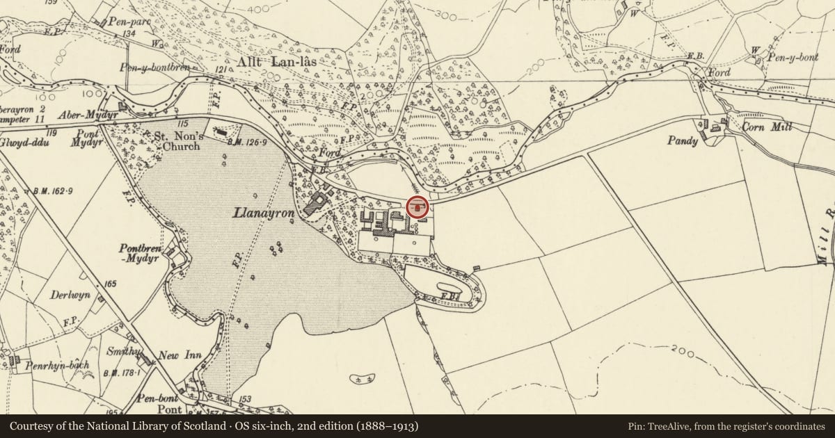 Ordnance Survey six-inch map, 2nd edition (1888–1913) covering the location of Outbuilding some 30m NE of large barn at Llanerchaeron, Ciliau Aeron, Ceredigion, with a pin at the register's coordinates