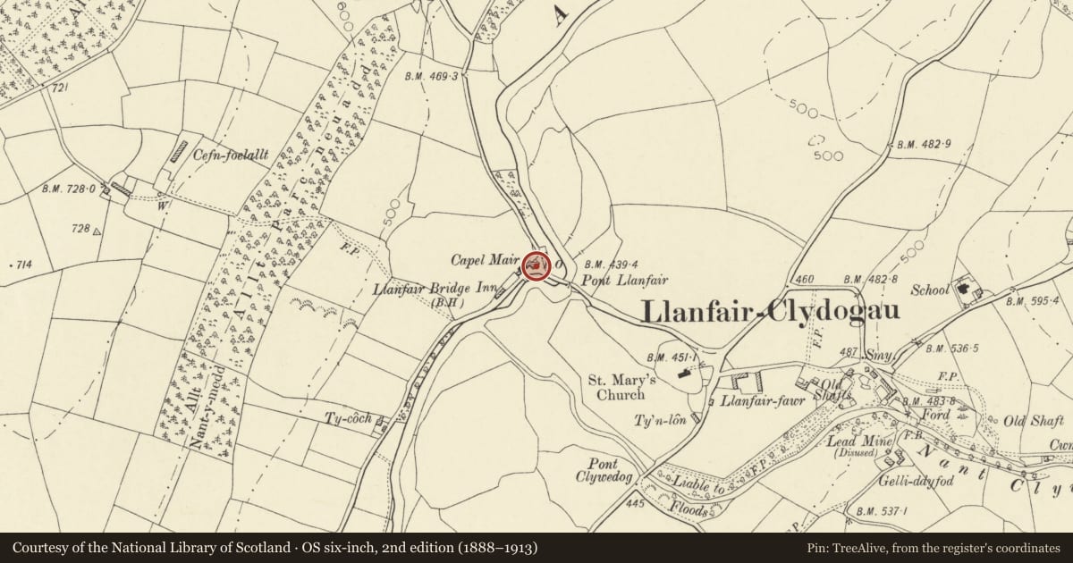 Ordnance Survey six-inch map, 2nd edition (1888–1913) covering the location of Telephone Call-box outside Post Office on W bank of Afon Teifi, B4343 (W side) (01570) 493218, Llanfair Clydogau, Ceredigion, with a pin at the register's coordinates