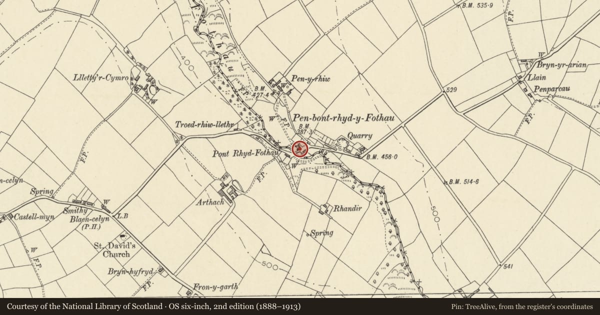 Ordnance Survey six-inch map, 2nd edition (1888–1913) covering the location of Glan-yr-afon, Llandysiliogogo, Ceredigion, with a pin at the register's coordinates