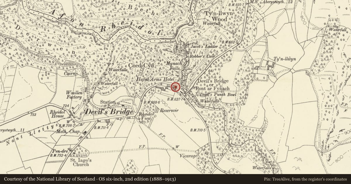 Ordnance Survey six-inch map, 2nd edition (1888–1913) covering the location of Hafod Arms Hotel, Pontarfynach, Ceredigion, with a pin at the register's coordinates