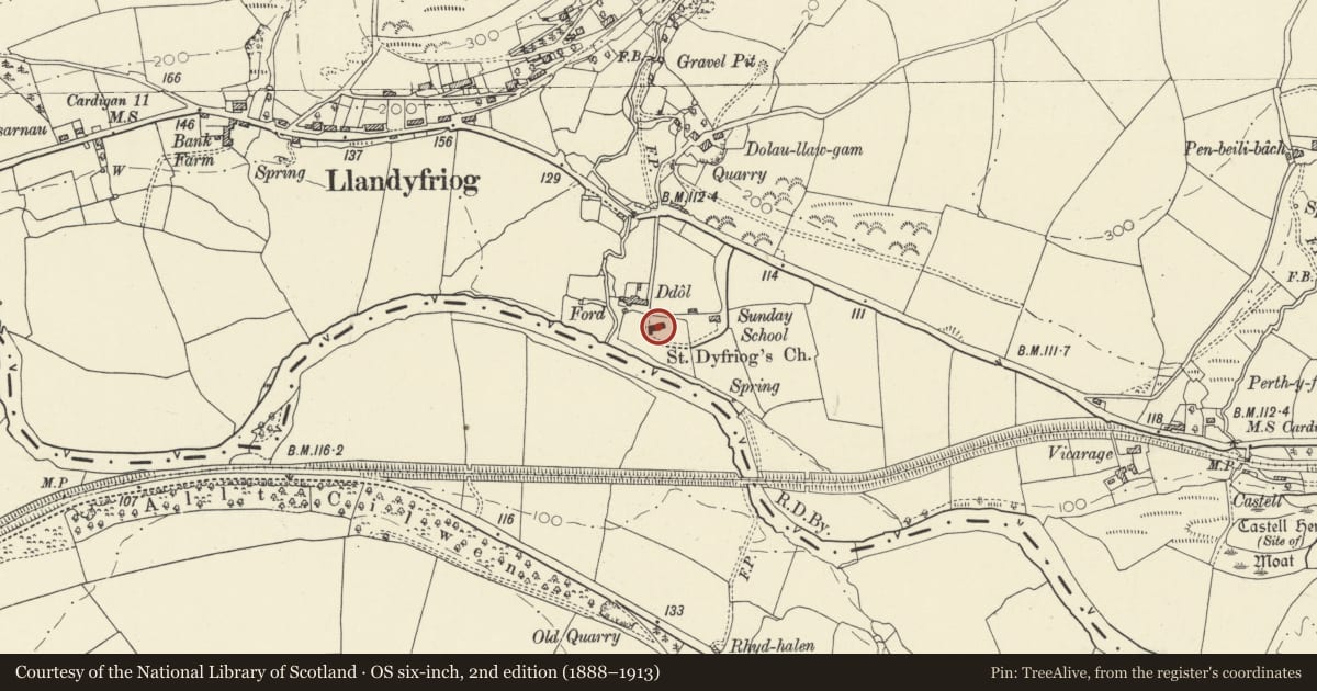Ordnance Survey six-inch map, 2nd edition (1888–1913) covering the location of Church of St Tyfriog, Llandyfriog, Ceredigion, with a pin at the register's coordinates