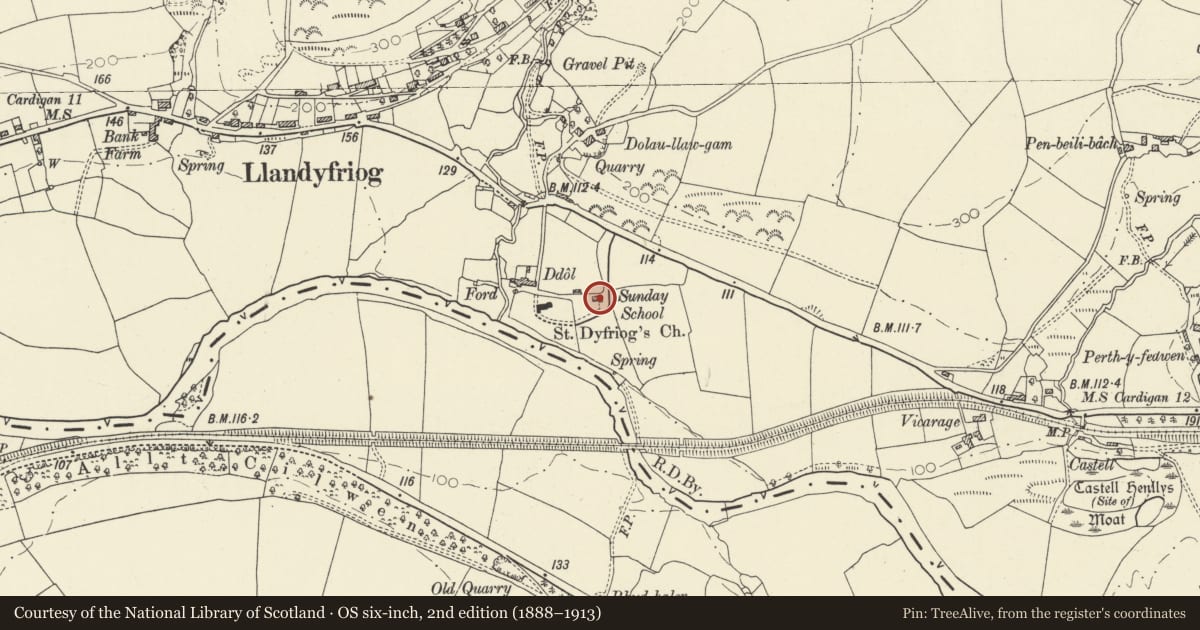 Ordnance Survey six-inch map, 2nd edition (1888–1913) covering the location of St Tyfriog's School, Llandyfriog, Ceredigion, with a pin at the register's coordinates