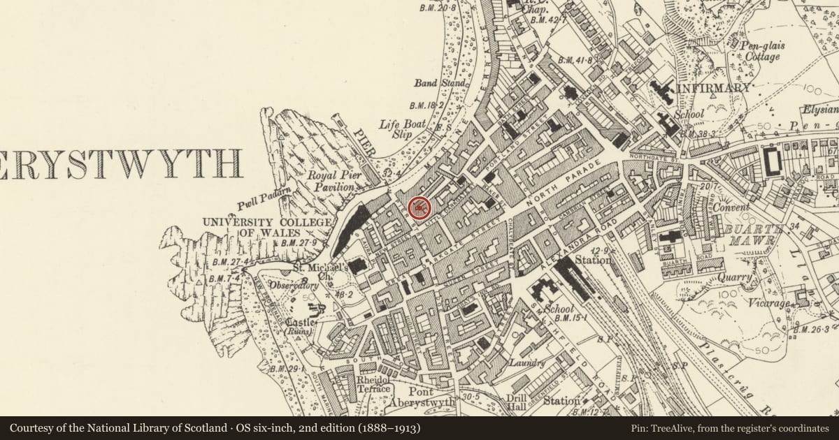Ordnance Survey six-inch map, 2nd edition (1888–1913) covering the location of 4 Windmill Court, Aberystwyth, Ceredigion, with a pin at the register's coordinates