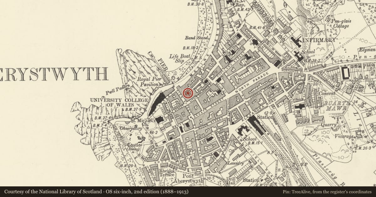 Ordnance Survey six-inch map, 2nd edition (1888–1913) covering the location of 5 Windmill Court, Aberystwyth, Ceredigion, with a pin at the register's coordinates