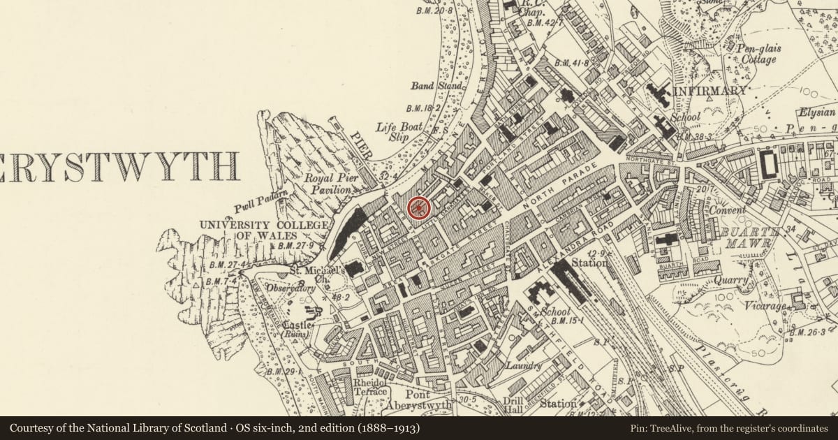 Ordnance Survey six-inch map, 2nd edition (1888–1913) covering the location of 6 Windmill Court, Aberystwyth, Ceredigion, with a pin at the register's coordinates
