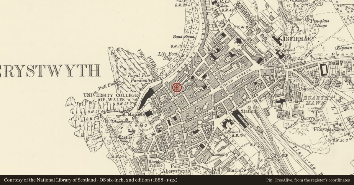 Ordnance Survey six-inch map, 2nd edition (1888–1913) covering the location of 7 Windmill Court, Aberystwyth, Ceredigion, with a pin at the register's coordinates