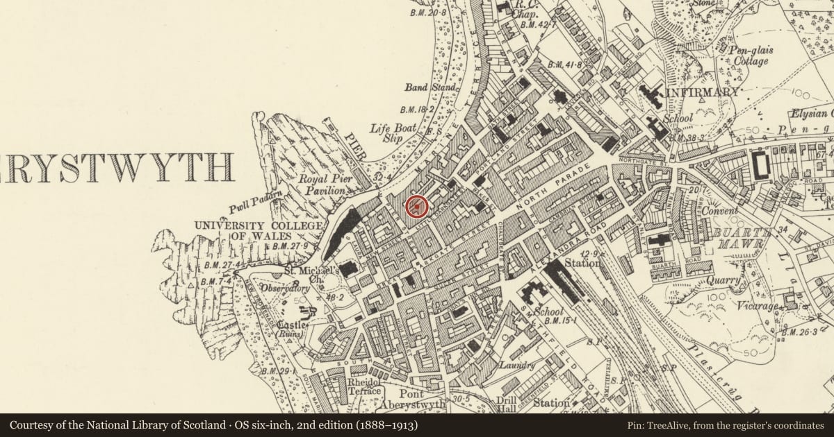 Ordnance Survey six-inch map, 2nd edition (1888–1913) covering the location of 8 Windmill Court, Aberystwyth, Ceredigion, with a pin at the register's coordinates
