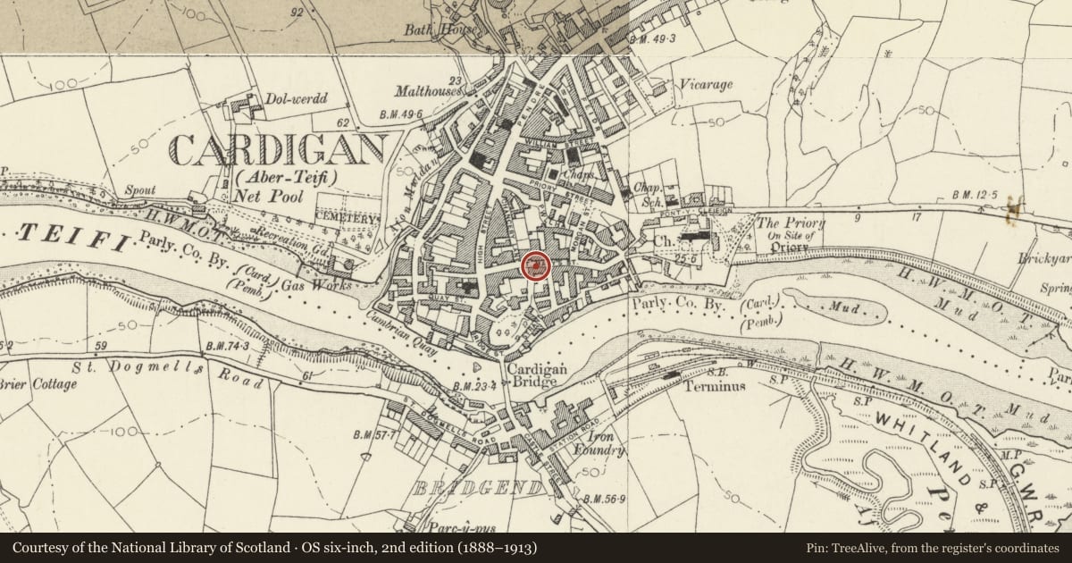 Ordnance Survey six-inch map, 2nd edition (1888–1913) covering the location of 43 St Marys Street, Cardigan, Ceredigion, with a pin at the register's coordinates