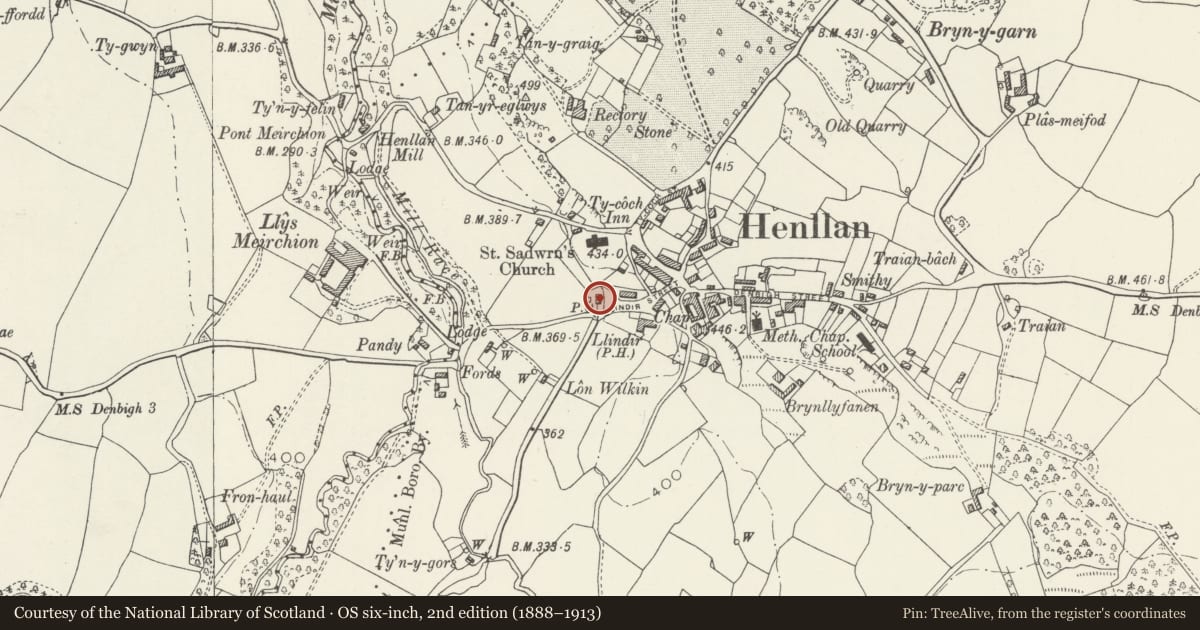 Ordnance Survey six-inch map, 2nd edition (1888–1913) covering the location of Bryn-y-Ffynon, Henllan, Denbighshire, with a pin at the register's coordinates