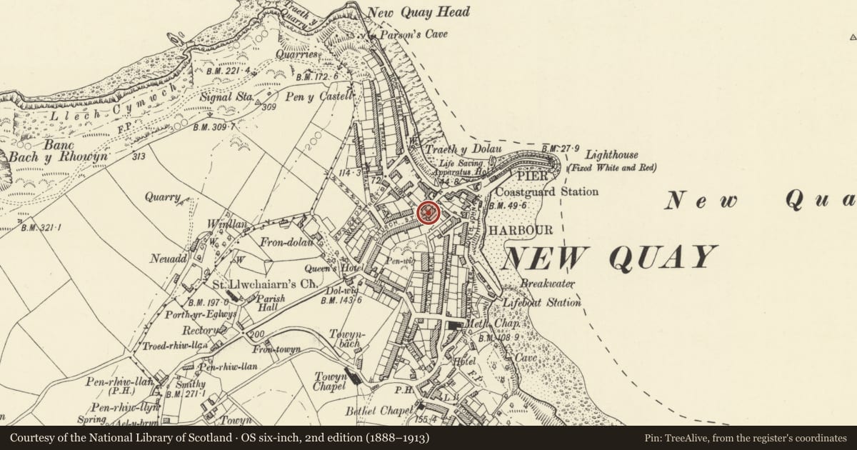 Ordnance Survey six-inch map, 2nd edition (1888–1913) covering the location of Louvain, New Quay, Ceredigion, with a pin at the register's coordinates