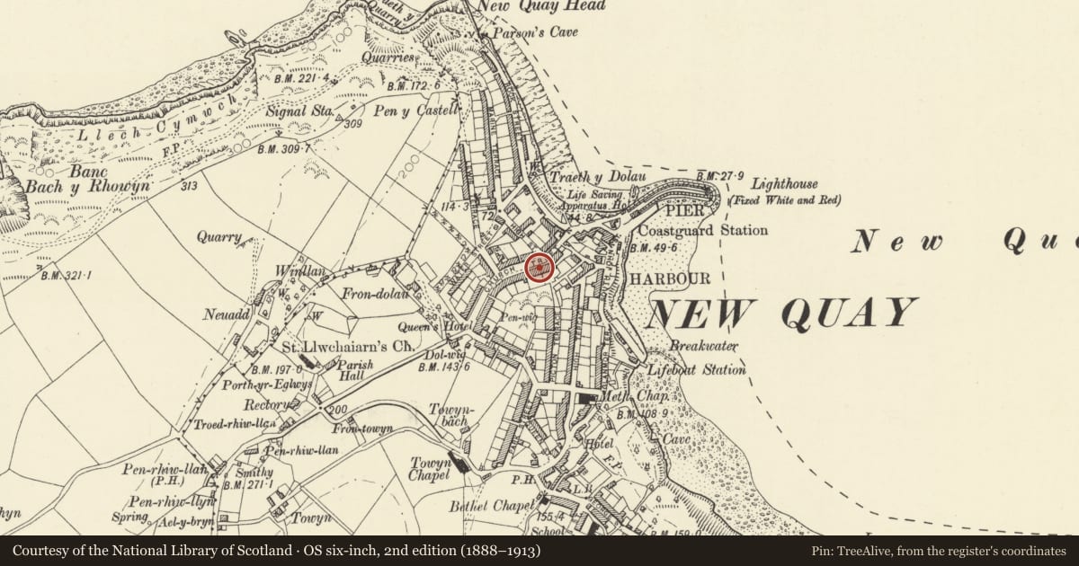 Ordnance Survey six-inch map, 2nd edition (1888–1913) covering the location of Ranmore, New Quay, Ceredigion, with a pin at the register's coordinates