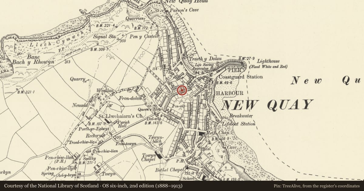 Ordnance Survey six-inch map, 2nd edition (1888–1913) covering the location of Penrhos, New Quay, Ceredigion, with a pin at the register's coordinates