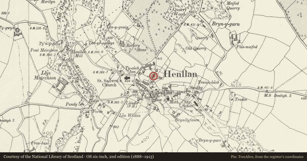 Ordnance Survey six-inch map, 2nd edition (1888–1913) covering the location of 11 School Street, Henllan, Denbighshire, with a pin at the register's coordinates
