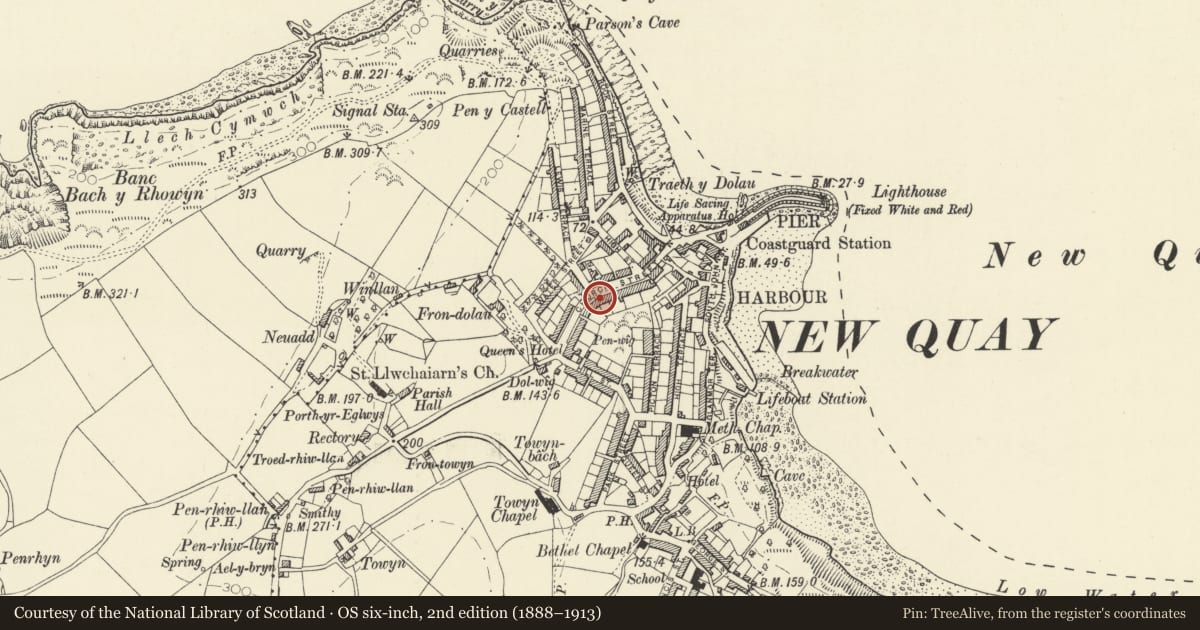 Ordnance Survey six-inch map, 2nd edition (1888–1913) covering the location of 10 Church Street, New Quay, Ceredigion, with a pin at the register's coordinates
