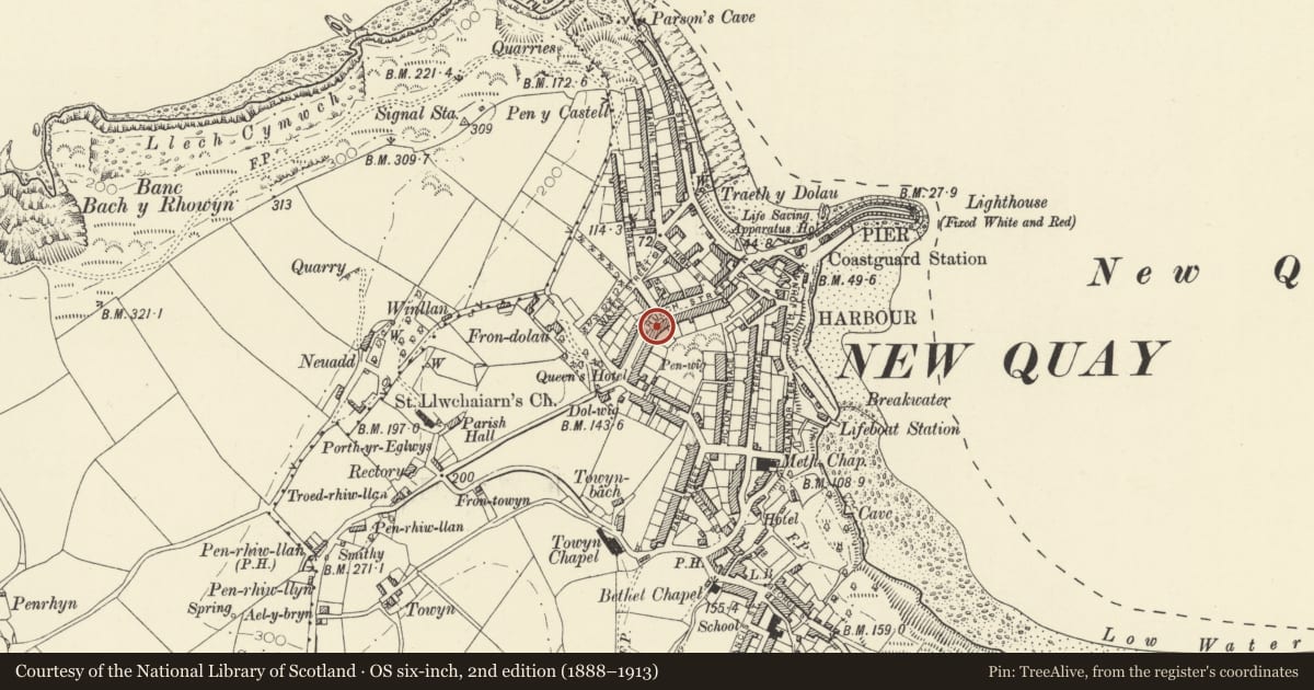 Ordnance Survey six-inch map, 2nd edition (1888–1913) covering the location of 12 Church Street, New Quay, Ceredigion, with a pin at the register's coordinates