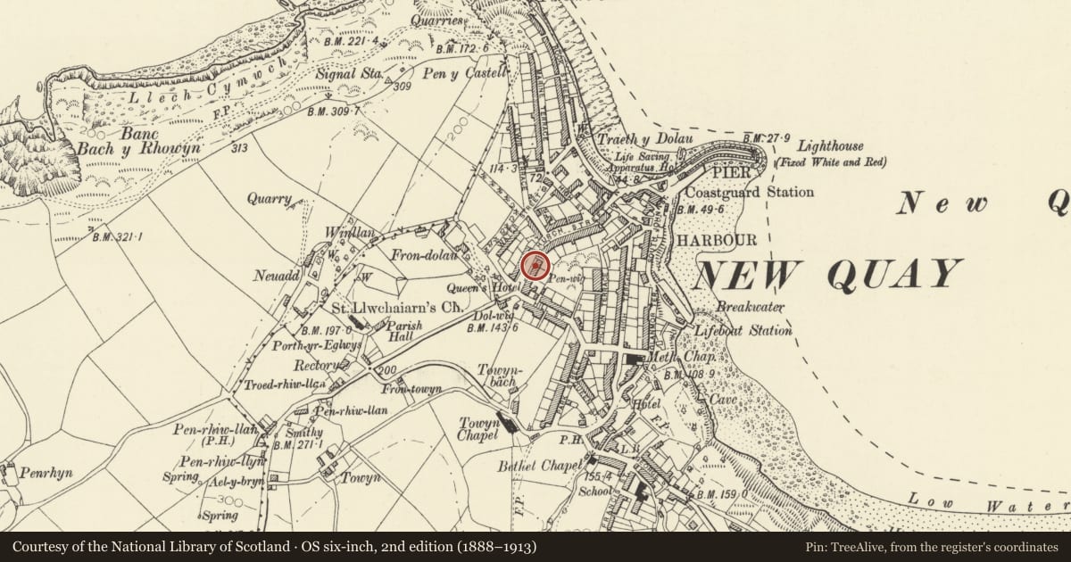 Ordnance Survey six-inch map, 2nd edition (1888–1913) covering the location of Guild Hall, New Quay, Ceredigion, with a pin at the register's coordinates