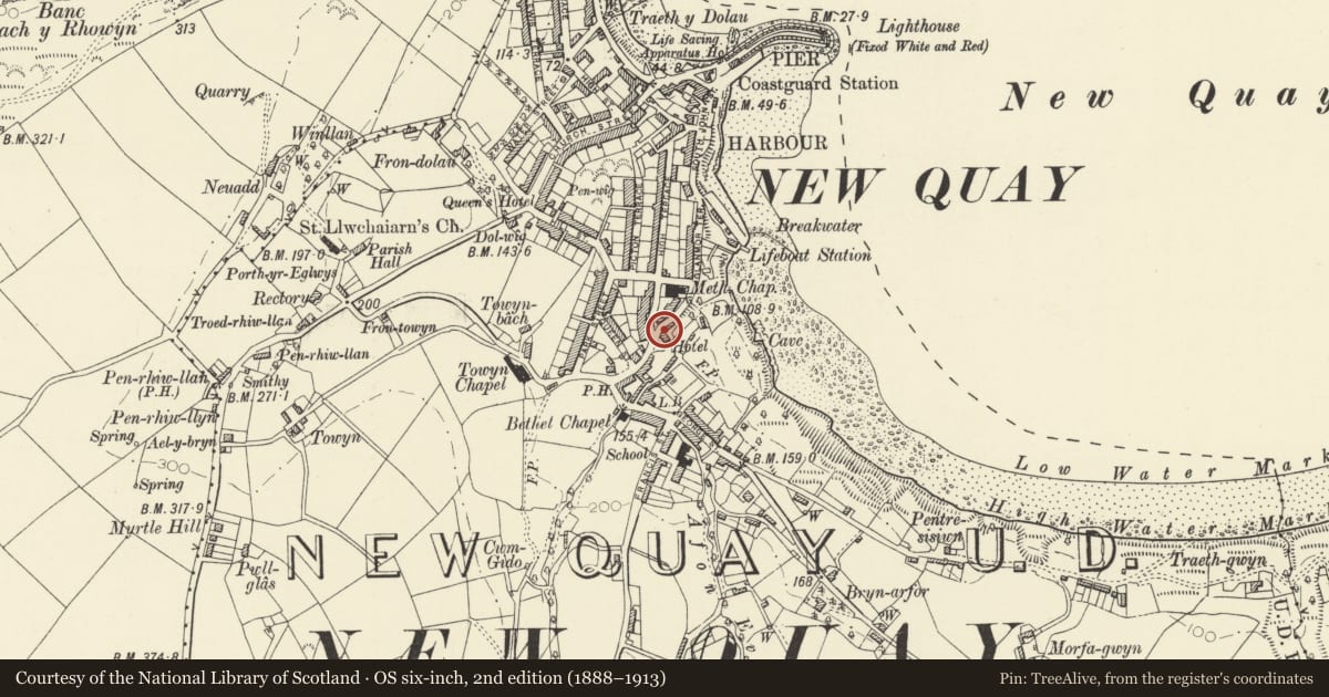 Ordnance Survey six-inch map, 2nd edition (1888–1913) covering the location of The Black Lion Hotel, New Quay, Ceredigion, with a pin at the register's coordinates